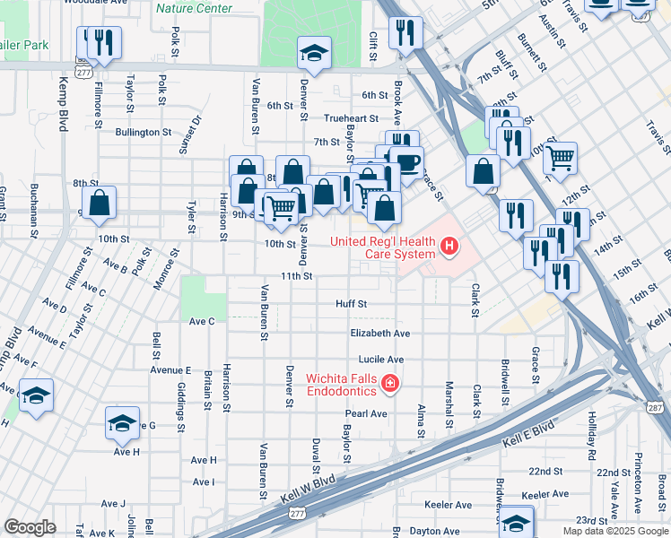 map of restaurants, bars, coffee shops, grocery stores, and more near 1804 11th Street in Wichita Falls