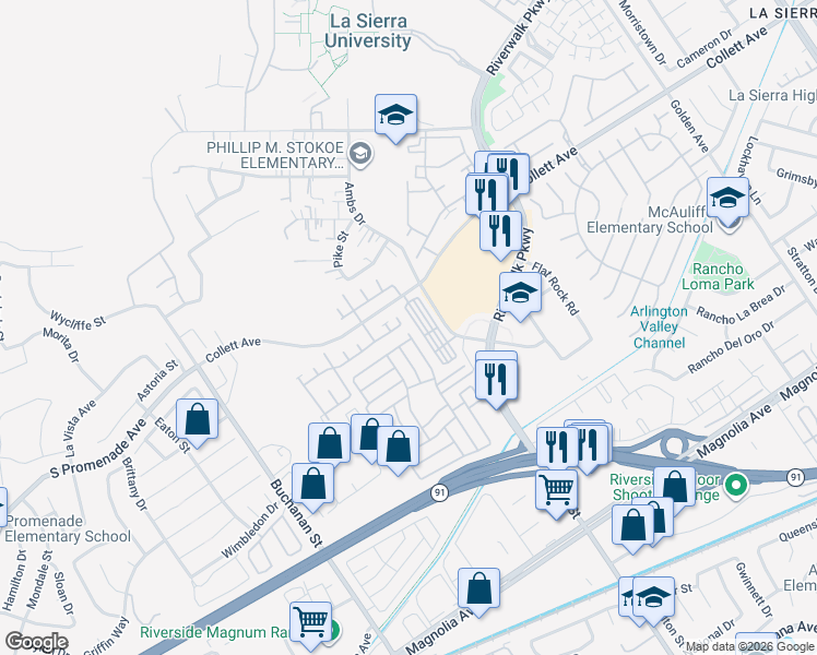 map of restaurants, bars, coffee shops, grocery stores, and more near 11950 Elk Boulevard in Riverside