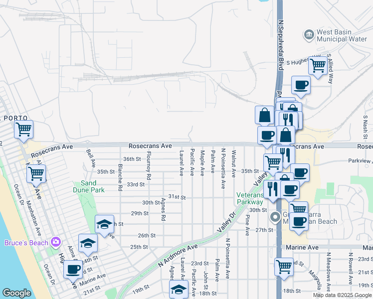 map of restaurants, bars, coffee shops, grocery stores, and more near 786 Rosecrans Avenue in Manhattan Beach