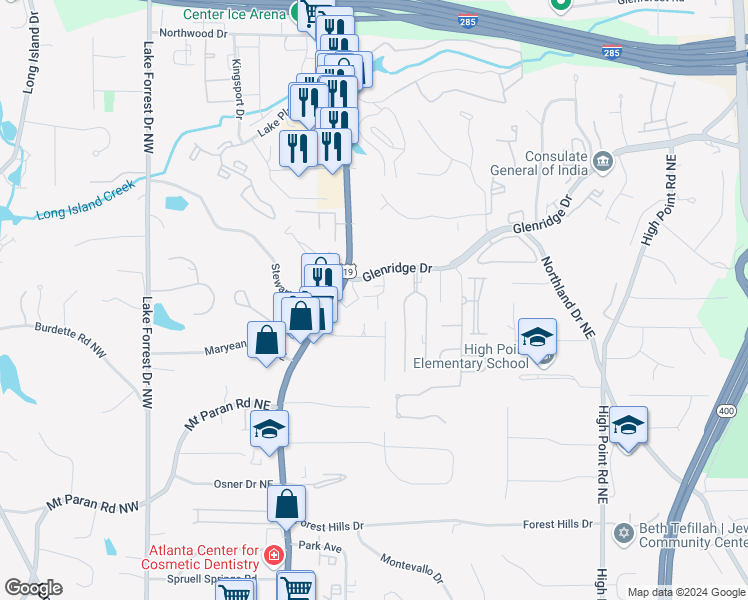 map of restaurants, bars, coffee shops, grocery stores, and more near 5279 Glenridge Drive in Atlanta
