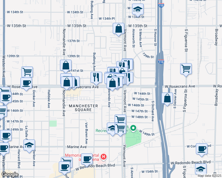 map of restaurants, bars, coffee shops, grocery stores, and more near 1036 Rosecrans Avenue in Gardena