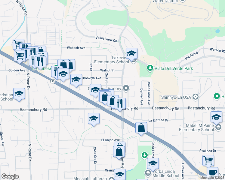 map of restaurants, bars, coffee shops, grocery stores, and more near 17355 Ridgedale Lane in Yorba Linda