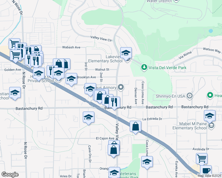 map of restaurants, bars, coffee shops, grocery stores, and more near 17395 Ridgedale Ln in Yorba Linda