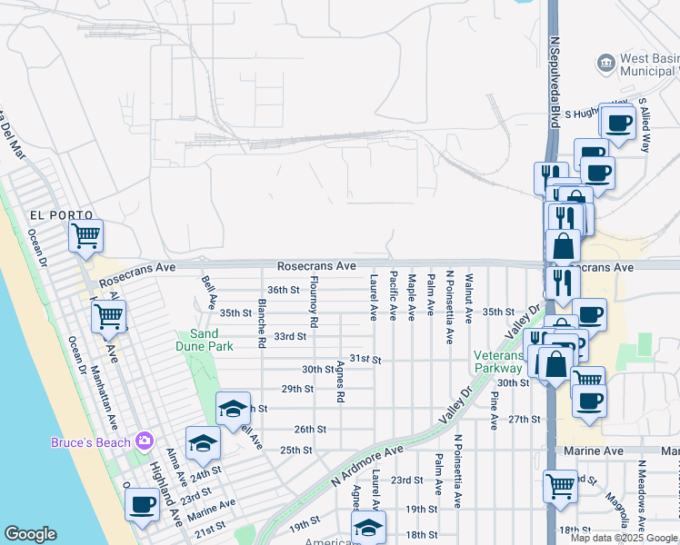 map of restaurants, bars, coffee shops, grocery stores, and more near 732 Rosecrans Avenue in Manhattan Beach