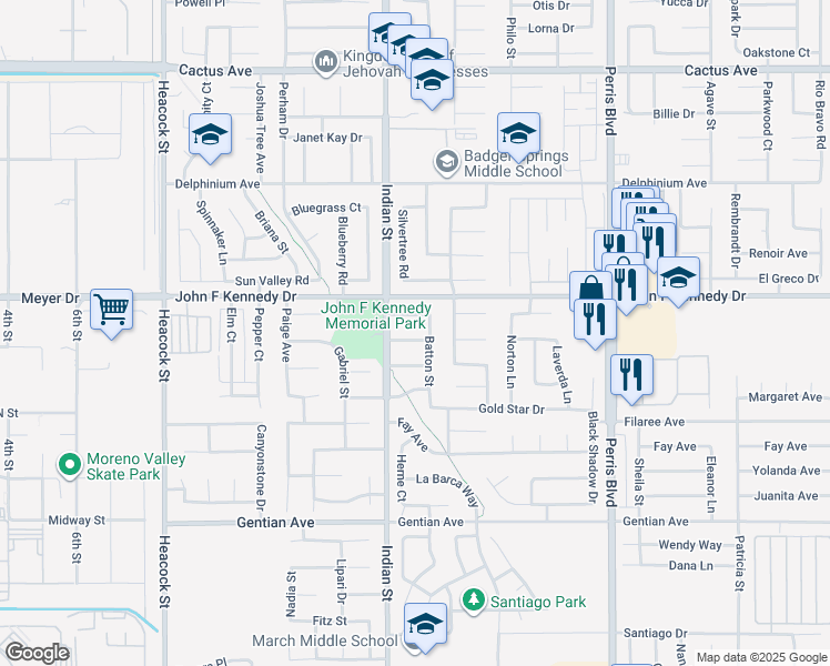 map of restaurants, bars, coffee shops, grocery stores, and more near 24558 Elmendorf Drive in Moreno Valley