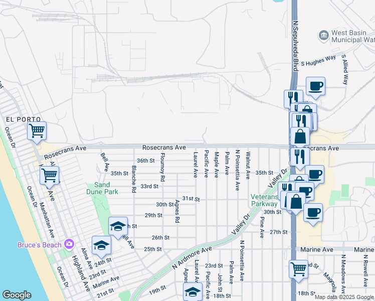 map of restaurants, bars, coffee shops, grocery stores, and more near 760 Rosecrans Avenue in Manhattan Beach