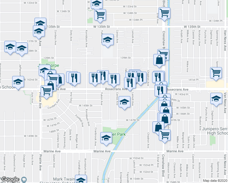 map of restaurants, bars, coffee shops, grocery stores, and more near 3506 Rosecrans Avenue in Hawthorne