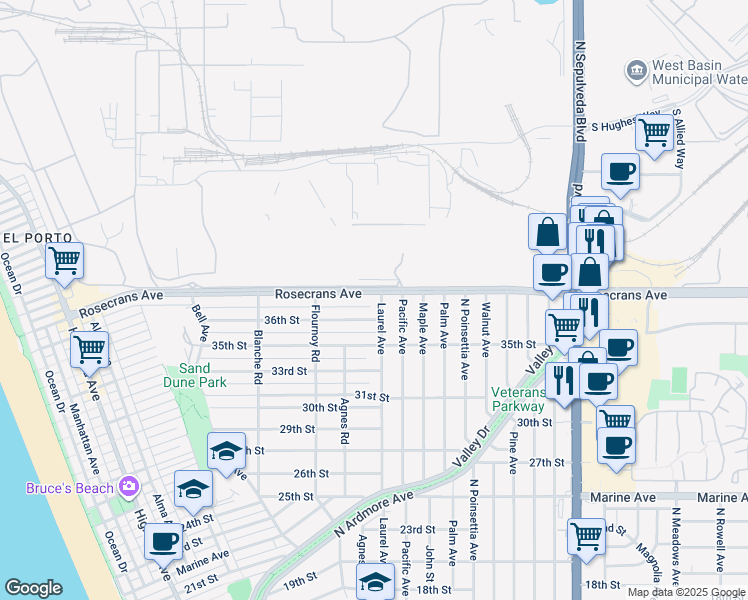 map of restaurants, bars, coffee shops, grocery stores, and more near 772 Rosecrans Avenue in Manhattan Beach