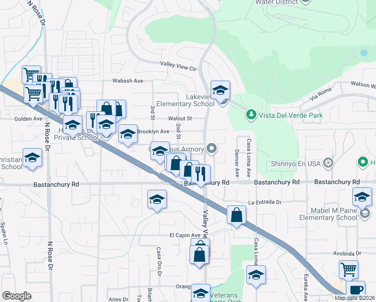 map of restaurants, bars, coffee shops, grocery stores, and more near 17355 Ridgedale Lane in Yorba Linda
