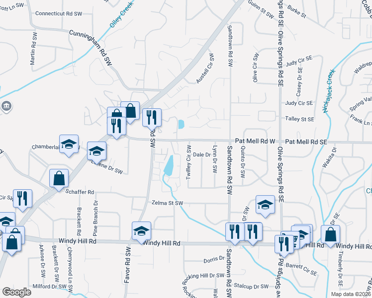 map of restaurants, bars, coffee shops, grocery stores, and more near 276 Dale Drive in Marietta