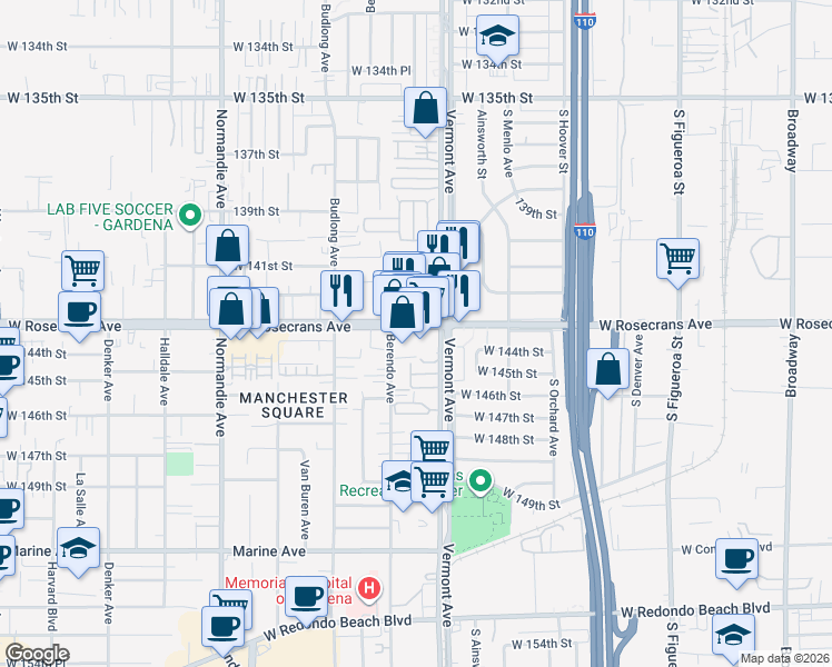 map of restaurants, bars, coffee shops, grocery stores, and more near 1036 Rosecrans Avenue in Gardena