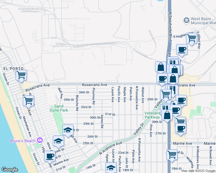 map of restaurants, bars, coffee shops, grocery stores, and more near 760 Rosecrans Avenue in Manhattan Beach