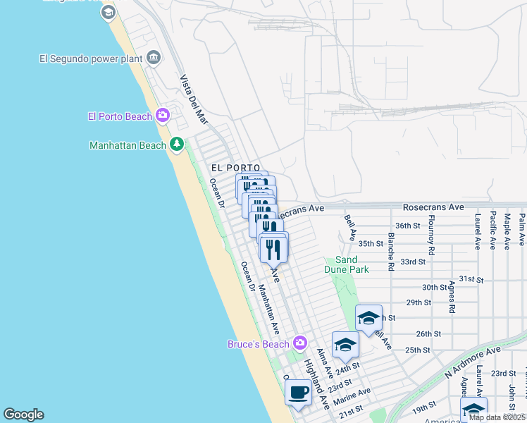 map of restaurants, bars, coffee shops, grocery stores, and more near 3770 Highland Avenue in Manhattan Beach