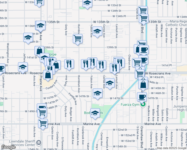 map of restaurants, bars, coffee shops, grocery stores, and more near 3550 Rosecrans Avenue in Hawthorne
