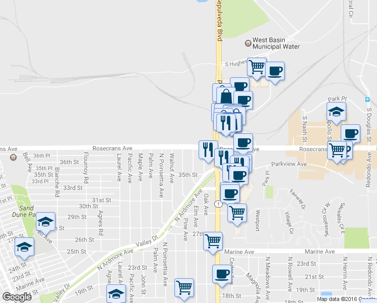 map of restaurants, bars, coffee shops, grocery stores, and more near 966 Rosecrans Avenue in Manhattan Beach