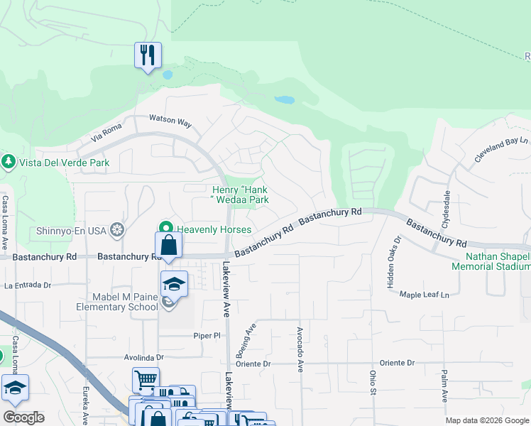 map of restaurants, bars, coffee shops, grocery stores, and more near 4150 Temhurst Court in Yorba Linda