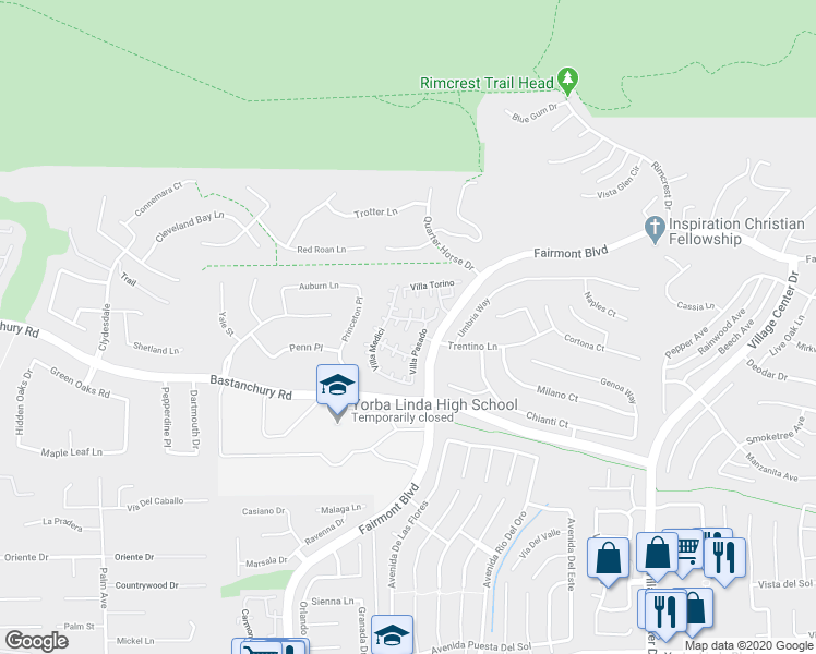 map of restaurants, bars, coffee shops, grocery stores, and more near Aldea Court in Yorba Linda