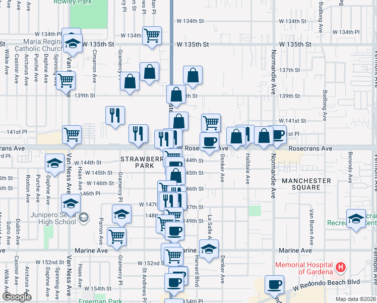 map of restaurants, bars, coffee shops, grocery stores, and more near 1718 West Rosecrans Avenue in Gardena