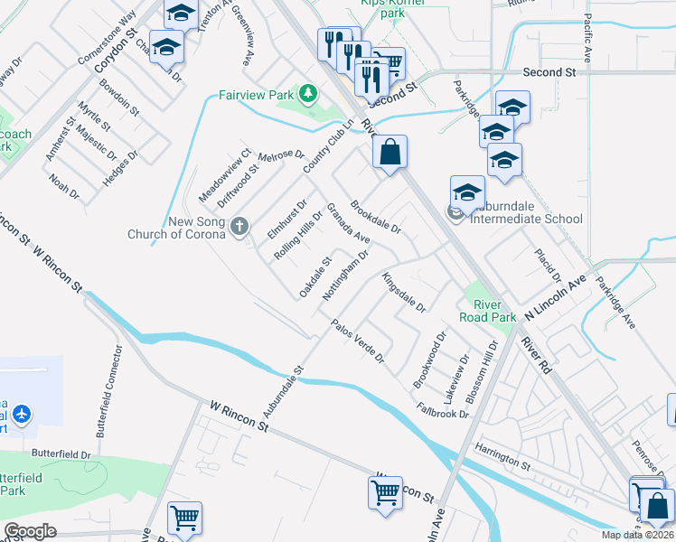 map of restaurants, bars, coffee shops, grocery stores, and more near in Corona