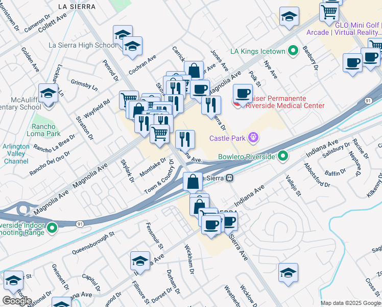 map of restaurants, bars, coffee shops, grocery stores, and more near 3653 La Sierra Avenue in Riverside