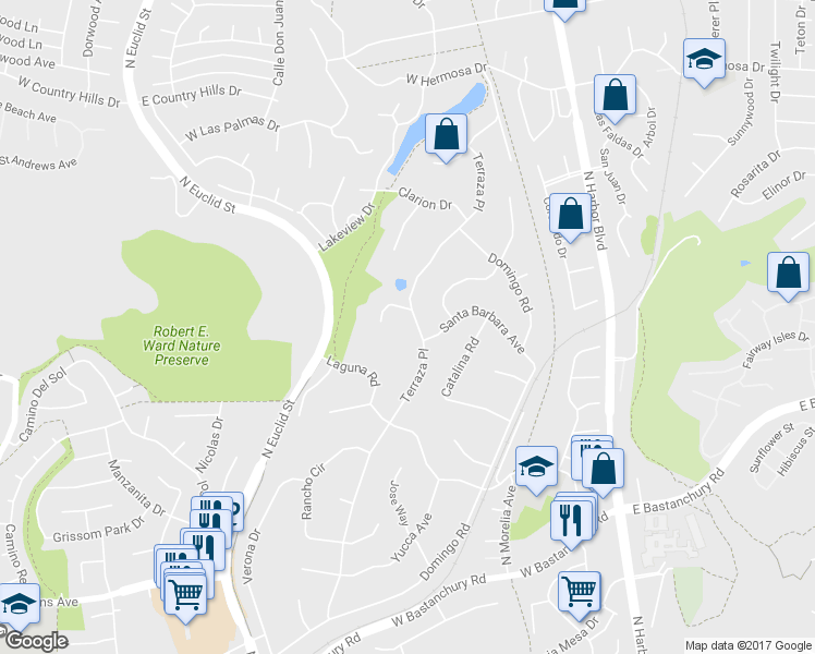 map of restaurants, bars, coffee shops, grocery stores, and more near 2725 Terraza Place in Fullerton