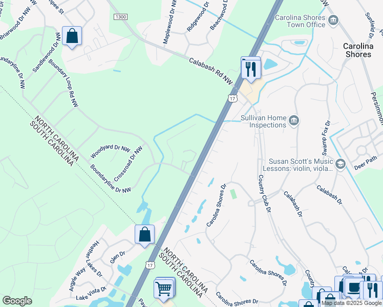 map of restaurants, bars, coffee shops, grocery stores, and more near 24 Boundaryline Drive Northwest in Calabash