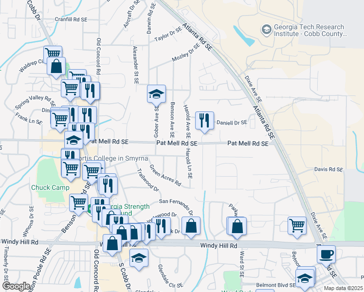 map of restaurants, bars, coffee shops, grocery stores, and more near 702 Pat Mell Road Southeast in Smyrna