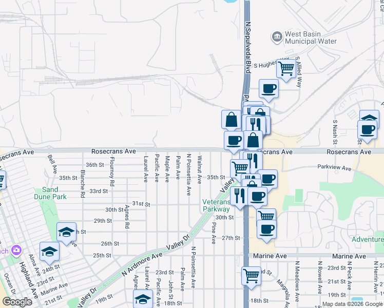 map of restaurants, bars, coffee shops, grocery stores, and more near 908 Rosecrans Avenue in Manhattan Beach