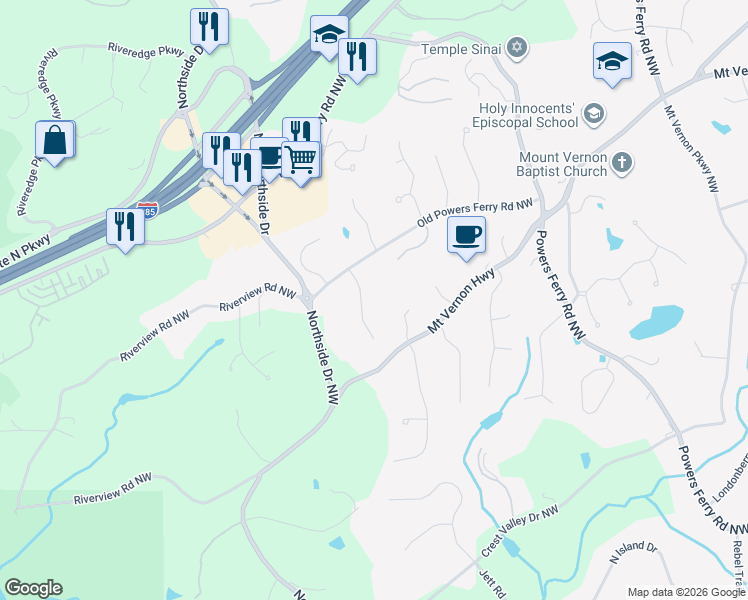 map of restaurants, bars, coffee shops, grocery stores, and more near 65 Old Powers Place Northwest in Atlanta
