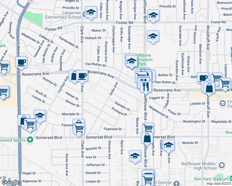 map of restaurants, bars, coffee shops, grocery stores, and more near 9615 Cloverwood Street in Bellflower