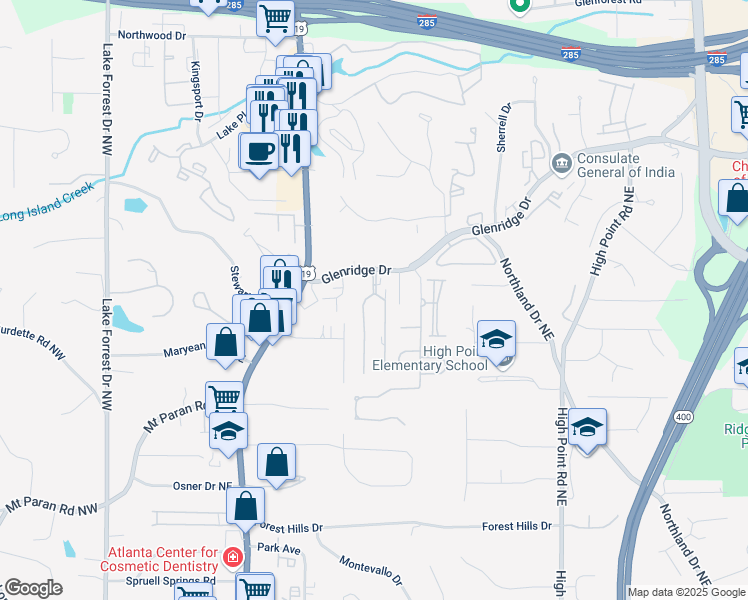 map of restaurants, bars, coffee shops, grocery stores, and more near 68 Willow Glen Northeast in Atlanta