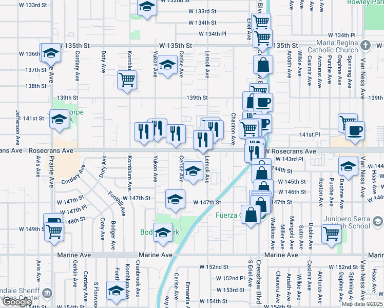 map of restaurants, bars, coffee shops, grocery stores, and more near 3334 Rosecrans Avenue in Hawthorne