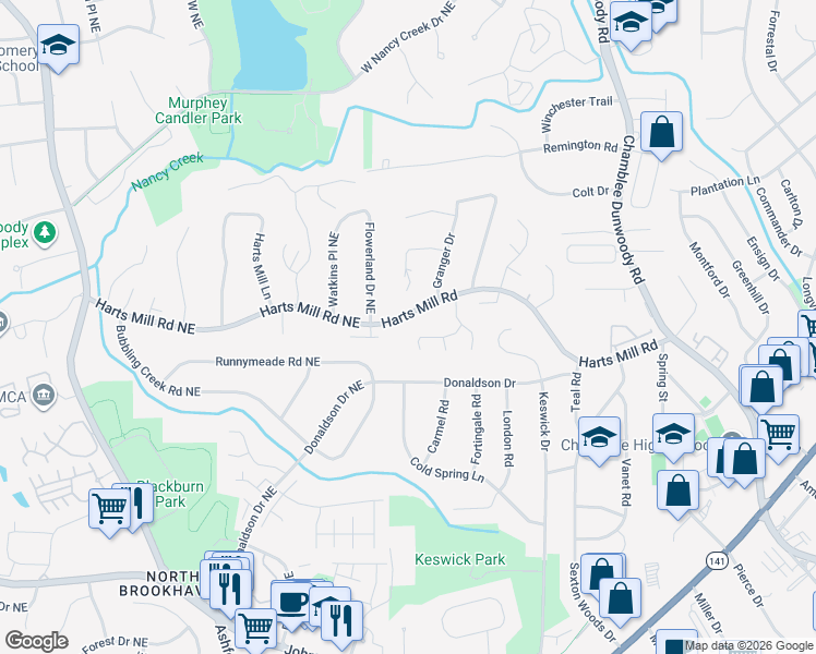 map of restaurants, bars, coffee shops, grocery stores, and more near 1708 Harts Run in Chamblee