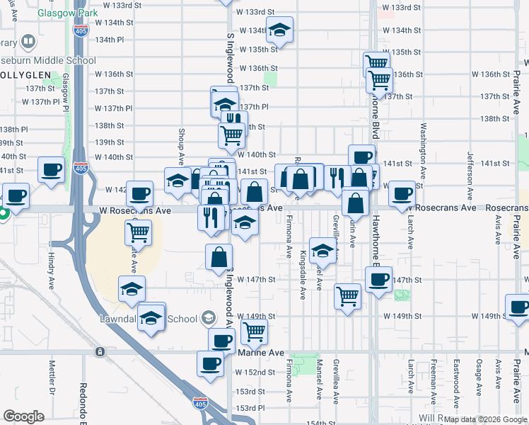 map of restaurants, bars, coffee shops, grocery stores, and more near 4654 Rosecrans Avenue in Hawthorne