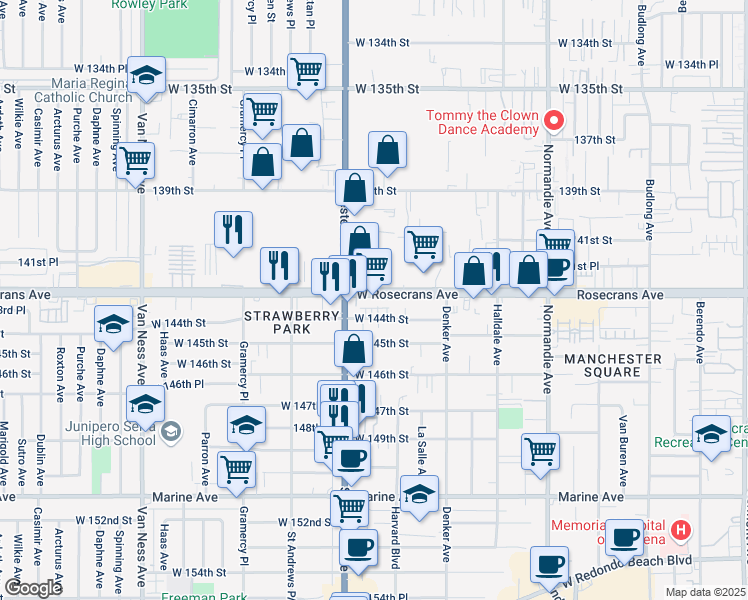 map of restaurants, bars, coffee shops, grocery stores, and more near 1732 Rosecrans Avenue in Gardena