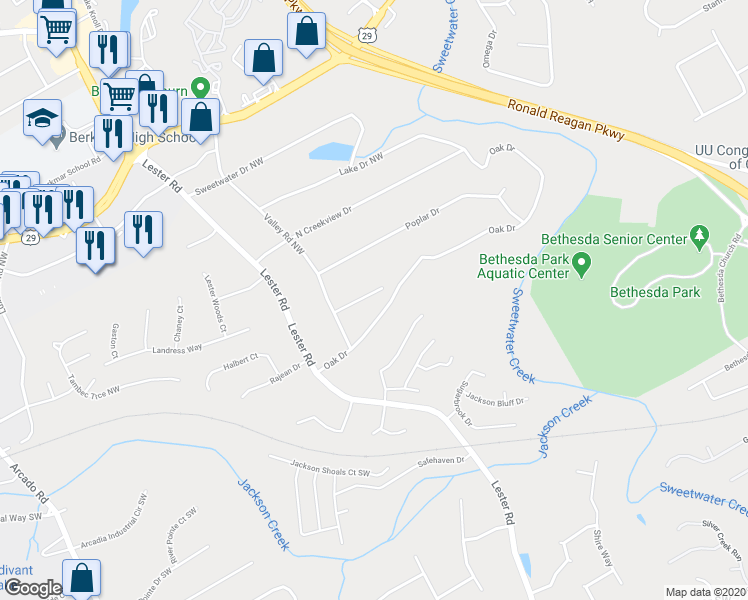 map of restaurants, bars, coffee shops, grocery stores, and more near 3438 South Creekview Drive in Lawrenceville