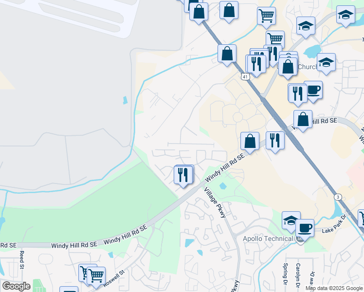 map of restaurants, bars, coffee shops, grocery stores, and more near 1970 Brightleaf Way in Marietta