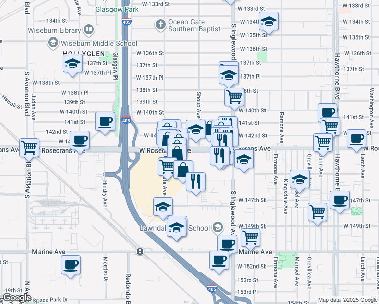 map of restaurants, bars, coffee shops, grocery stores, and more near 4936 Rosecrans Avenue in Hawthorne