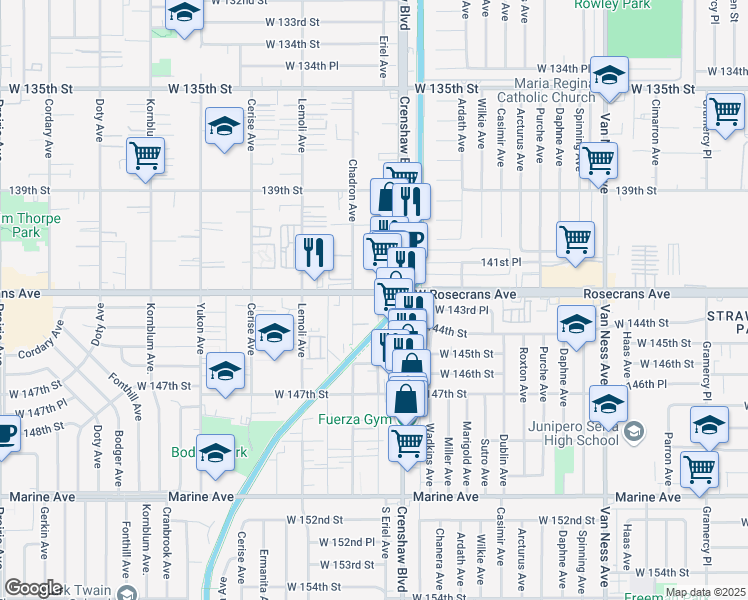 map of restaurants, bars, coffee shops, grocery stores, and more near 3116 Rosecrans Avenue in Hawthorne