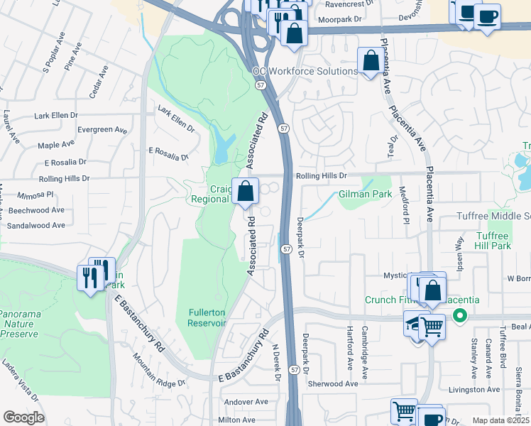 map of restaurants, bars, coffee shops, grocery stores, and more near 2732 Quail Ridge Circle in Fullerton