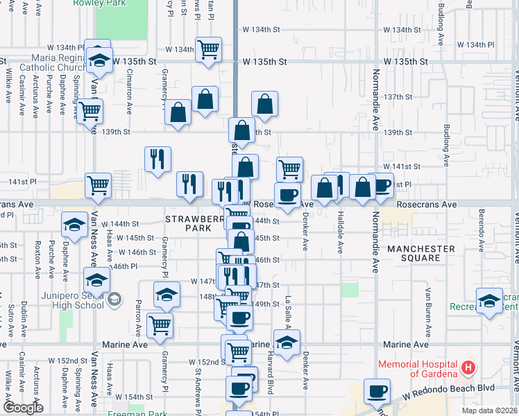 map of restaurants, bars, coffee shops, grocery stores, and more near 1718 West Rosecrans Avenue in Gardena
