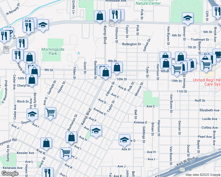 map of restaurants, bars, coffee shops, grocery stores, and more near 1209 Fillmore St in Wichita Falls