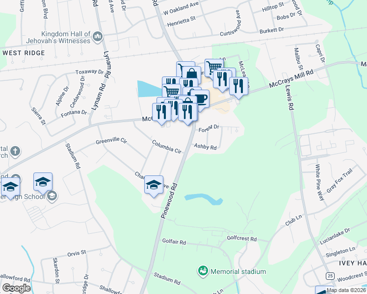 map of restaurants, bars, coffee shops, grocery stores, and more near 502 Pinewood Road in Sumter