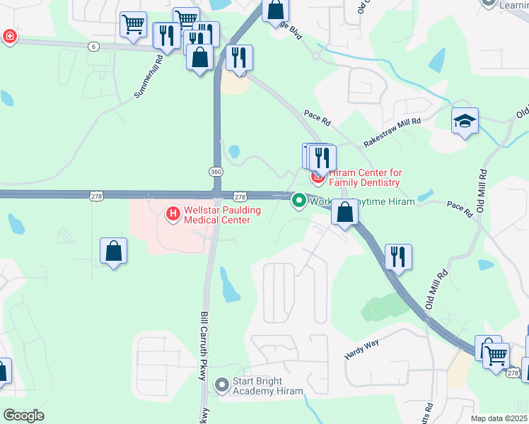 map of restaurants, bars, coffee shops, grocery stores, and more near 116200 Breezy Valley Road in Hiram