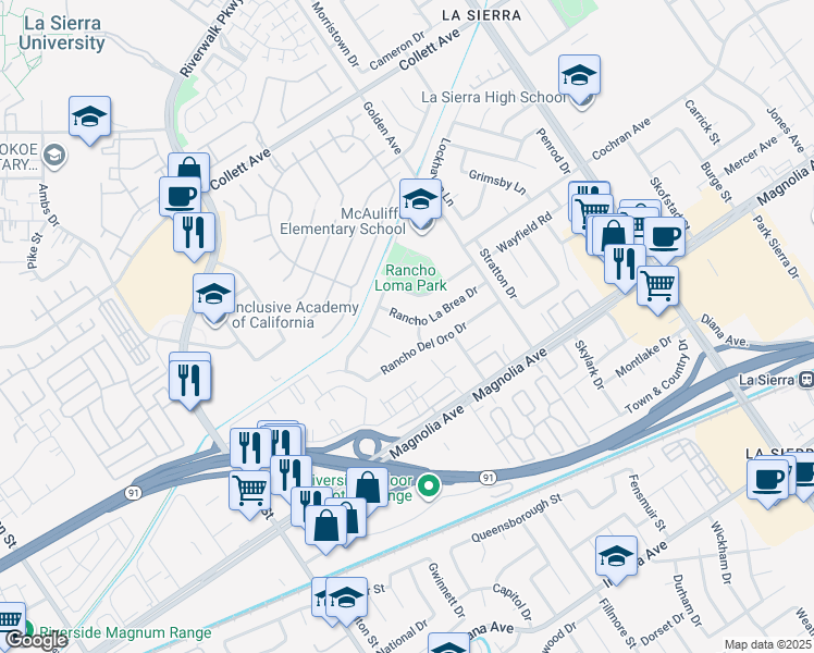 map of restaurants, bars, coffee shops, grocery stores, and more near 11414 Rancho La Brea Drive in Riverside