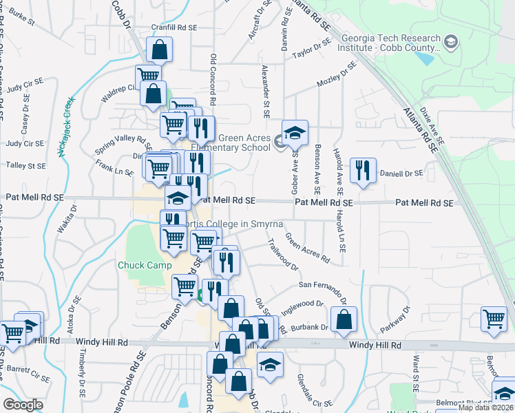 map of restaurants, bars, coffee shops, grocery stores, and more near 552 Pat Mell Road Southeast in Smyrna