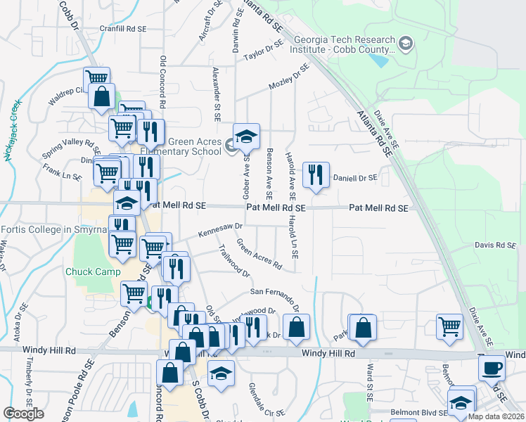 map of restaurants, bars, coffee shops, grocery stores, and more near 650 Pat Mell Road Southeast in Smyrna