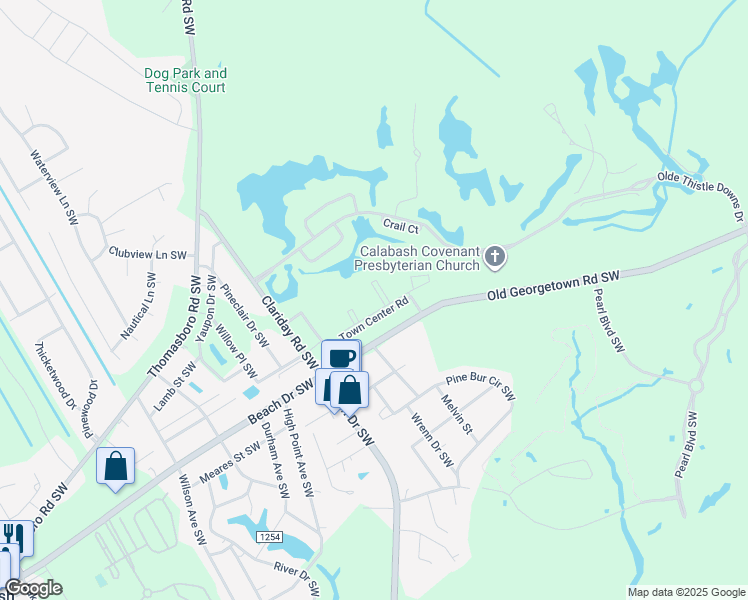 map of restaurants, bars, coffee shops, grocery stores, and more near 7124 Town Center Road in Sunset Beach
