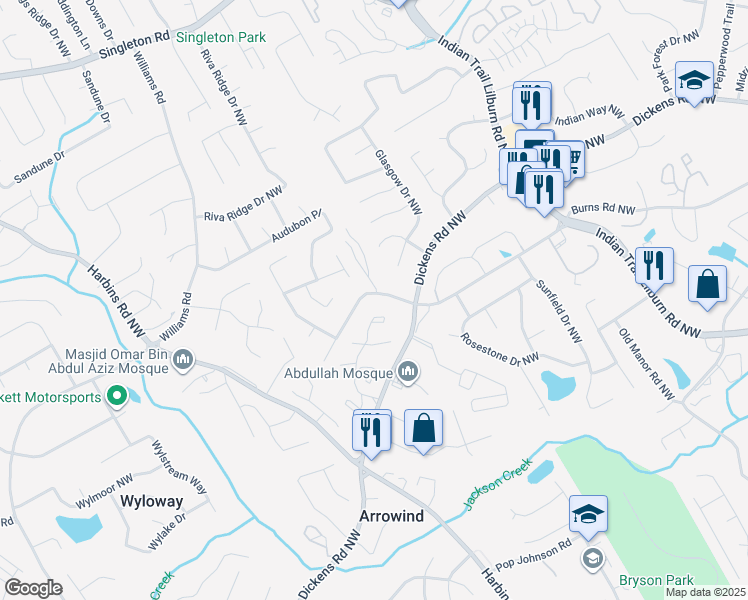 map of restaurants, bars, coffee shops, grocery stores, and more near 5208 Stafford Drive Northwest in Lilburn