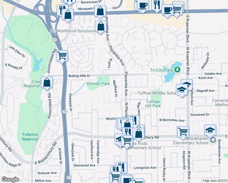 map of restaurants, bars, coffee shops, grocery stores, and more near 2641 Medford Place in Fullerton